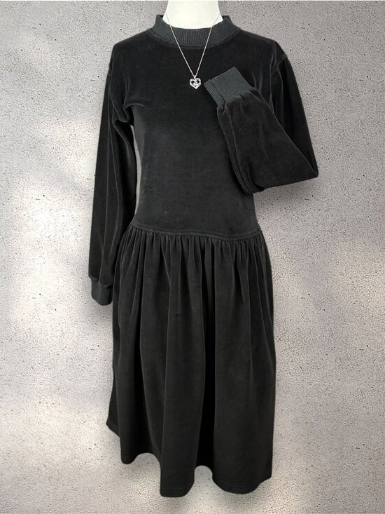 Liz Claiborne Dresses & Skirts - VTG Liz Claiborne Velour Midi Dress Women's SP Black Mock Long Sleeve 80s Preppy